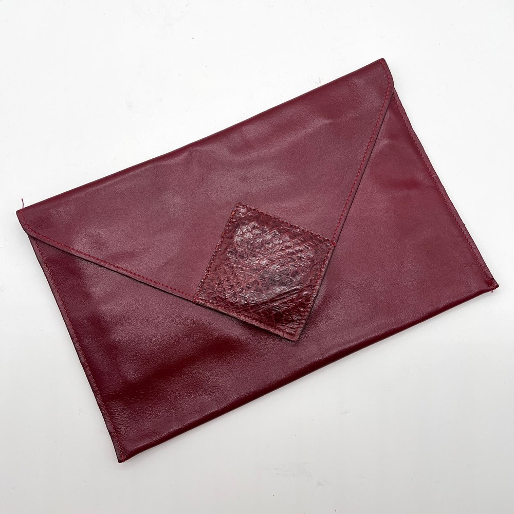 DAVID MEHLER FOR DAME Vintage Leather Envelope Clutch Oxblood red Python Trim